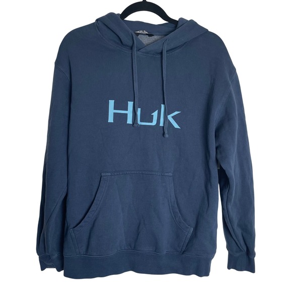 Huk Fishing Hoodie Mens Medium Blue Pullover Drawstring Pocket Sweatshirt - Picture 1 of 10